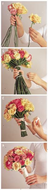 Hur man gör brudbuketter. Välj ett utbud av blommor som kommer att komplettera ditt bröllop färger snyggt och som också kompletterar varandra för att se ut som en blom-bukett kontra en kastas tillsammans buntade array.