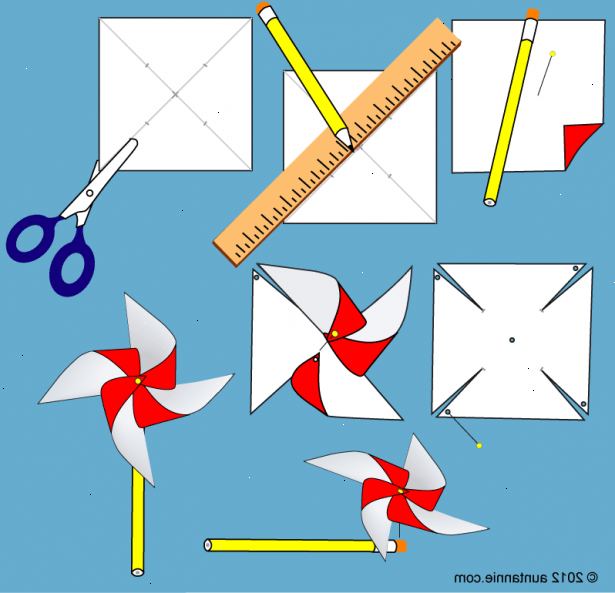 Hur man gör en vindsnurra. Klipp en bit vanligt papper i ett 7x7-tums / 17 0,5 x17.5-cm kvadrat.